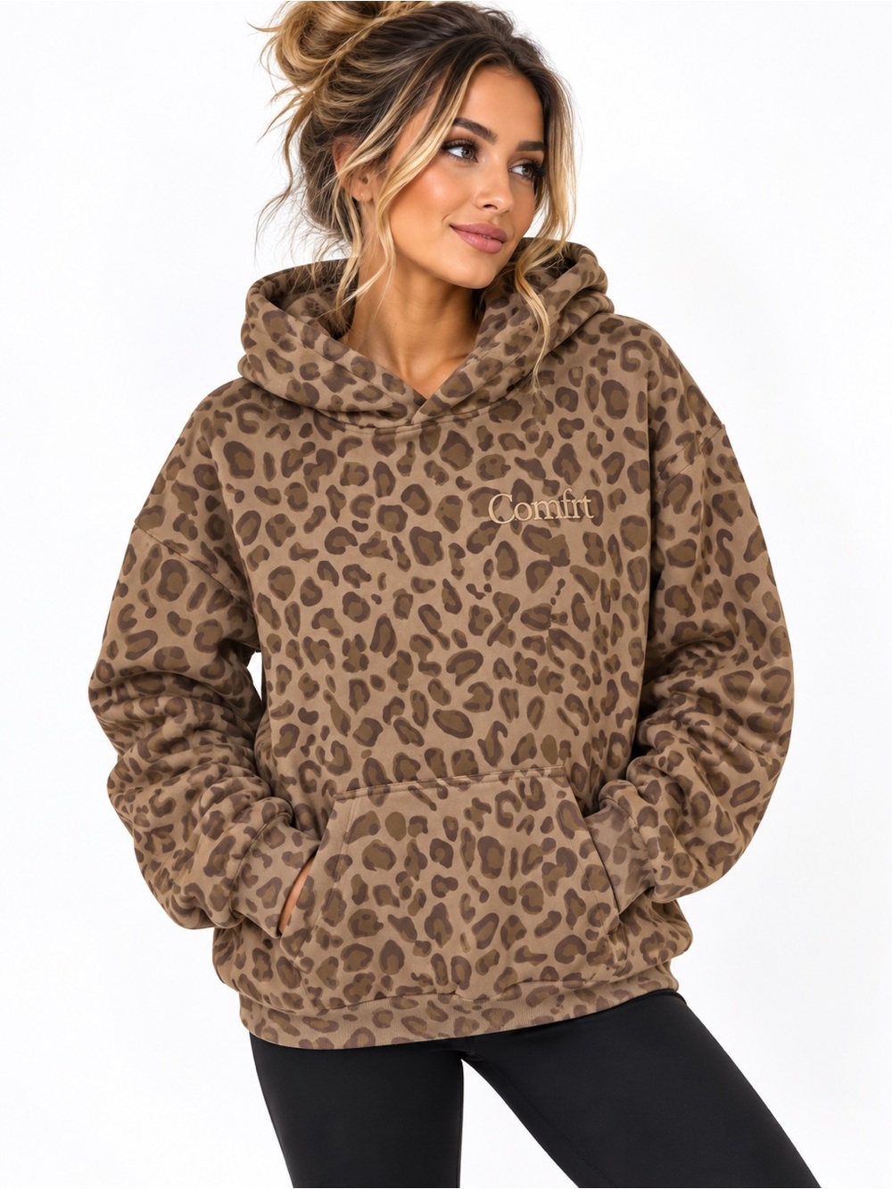 Comfrt Leopard Print Hoodie Kids XL Women’s Small Brown Cozy Pullover